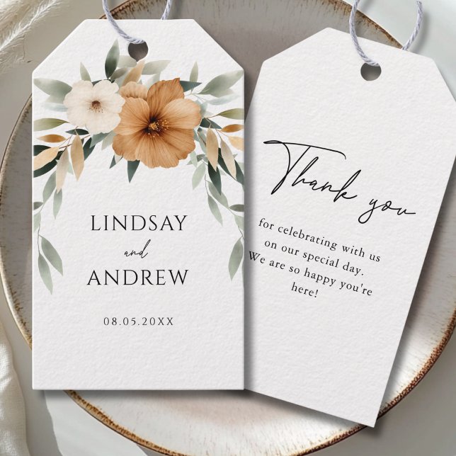 Etiqueta Para Presente Elegant Copper & Earthy Botanical Wedding (Elegant Copper & Earthy Botanical Wedding Thank you Gift Tags with your Names, Date & Text.)