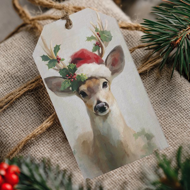 Etiqueta Para Presente Elegant Deer with Santa Hat Christmas (Elegant Woodland Deer Christmas Gift Tag)