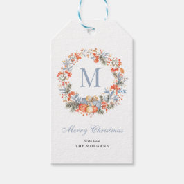 Etiqueta Para Presente Elegant Monogram Wreath Dusty Blue Christmas