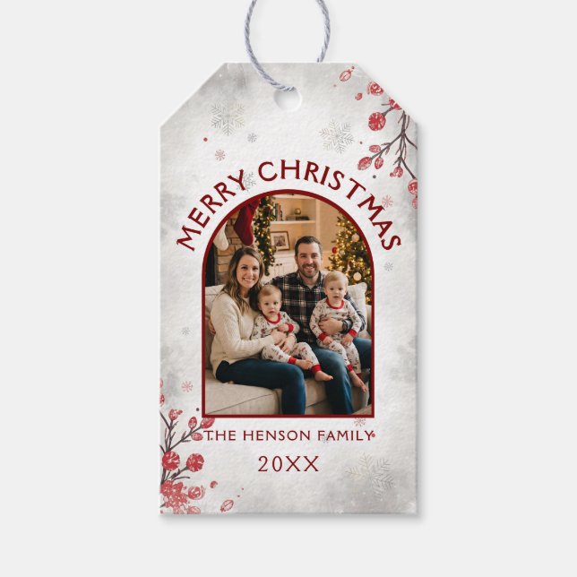Etiqueta Para Presente Elegant Red Berries Family Photo Christmas Holiday (Frente)
