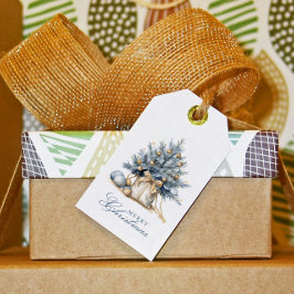 Etiqueta Para Presente Elegante Árvore de Natal Dourada Azul