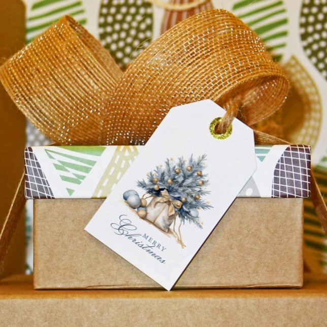 Etiqueta Para Presente Elegante Árvore de Natal Dourada Azul (Criador carregado)