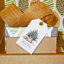 Etiqueta Para Presente Elegante Árvore de Natal Dourada Nome Azul