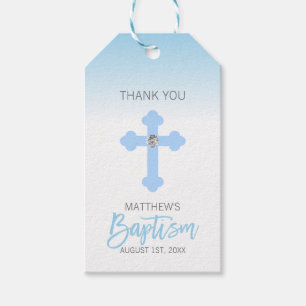 Etiqueta Para Presente Elegante Baby Blue Cross OBRIGADO, Batismo Boy
