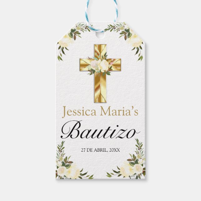 Etiqueta Para Presente Elegante Bautizo de Bebe Floral Blanco (Frente)