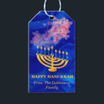 Etiqueta Para Presente Elegante Blue E Dourado Menorah Happy Hanukkah<br><div class="desc">As Etiquetas para presentes do Chanucá Feliz e Azul Elegante e Dourado Menorah Feliz apresentam textura azul de mármore líquido,  flores cor-de-água rosa,  nome de família modelo e velas de Chanucá.Um design perfeito para Chanucá.Clique no botão personalizar para personalizá-lo com seu próprio texto.</div>