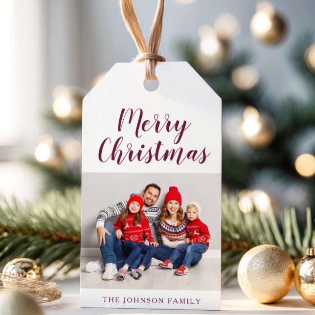 Etiqueta Para Presente Elegante Burgundy Foto Natal (Elegant Burgundy Photo Christmas Gift Tags)