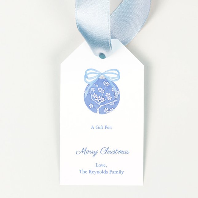 Etiqueta Para Presente Elegante Chinoiserie Bauble Personalizado Natal (Blue and white cherry blossom chinoiserie ornament with light blue bow merry christmas gift tags)