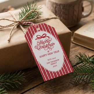 Etiqueta Para Presente Elegante Clássico Natal Listras Vermelhas e Branca