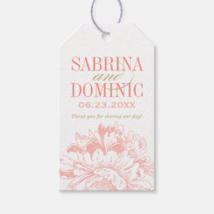 Etiqueta Para Presente Elegante Coral e Dourado Casamento Floral de Penas