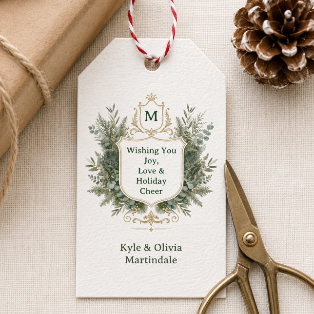 Etiqueta Para Presente Elegante Crista Monogramada Botânica de Férias (Present Gift Tag - Elegant Crest With Monogram Initial. Greenery, classic and unique. )