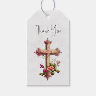 Etiqueta Para Presente Elegante Cruz de Madeira com Flores Rosa Obrigado