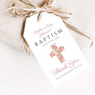 Etiqueta Para Presente Elegante Cruz Floral Rosa Batismo Religioso