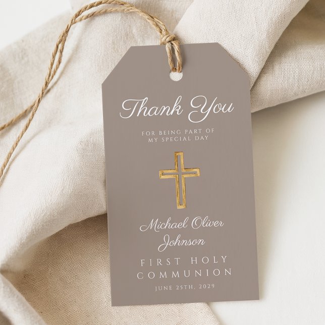 Etiqueta Para Presente Elegante Cruz Religiosa Bege Primeira Comunhão (Elegant Taupe Religious Cross First Communion Gift Tags)