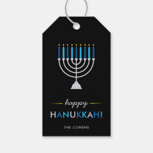 Etiqueta Para Presente Elegante e feliz Hanukkah Black com Silver Menorah