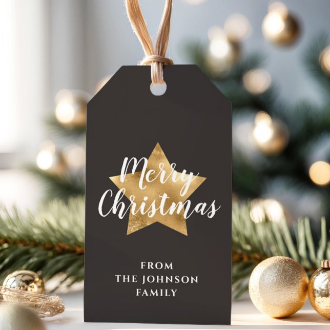 Etiqueta Para Presente Elegante Estrela Dourada Feliz Natal (Elegant Gold Star Merry Christmas Gift Tags)