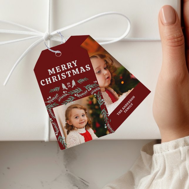 Etiqueta Para Presente Elegante Evergreen Garland Border Duas Fotografias (Criador carregado)