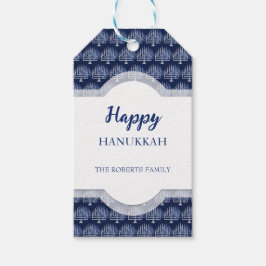 Etiqueta Para Presente Elegante Feliz Hanukkah Menorah Padrão Azul