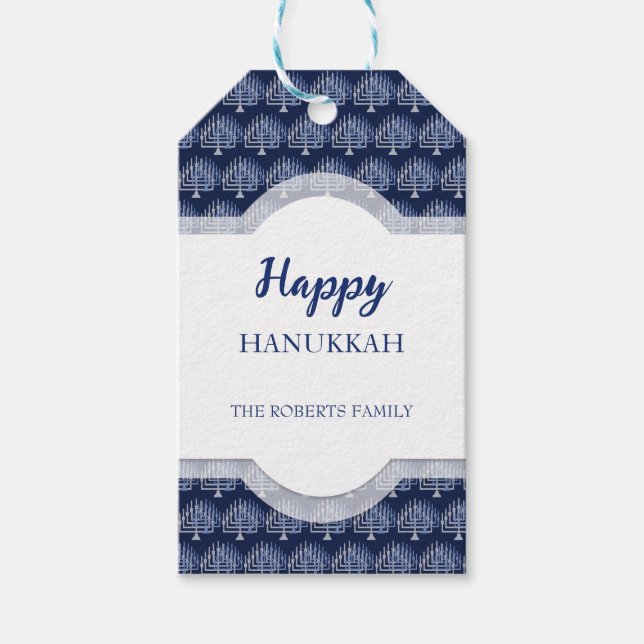 Etiqueta Para Presente Elegante Feliz Hanukkah Menorah Padrão Azul (Frente)