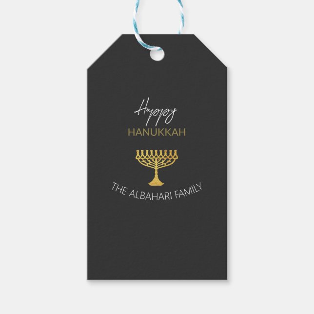 Etiqueta Para Presente Elegante Feliz Hanukkah Ouro Menorah (Frente)