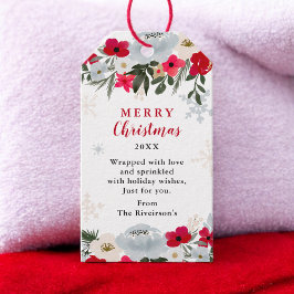 Etiqueta Para Presente Elegante floco de neve floral verde e vermelho de 