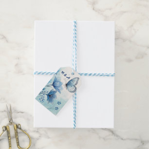 Etiqueta Para Presente Elegante Floral e Borboleta em Aquarela Azul Natur