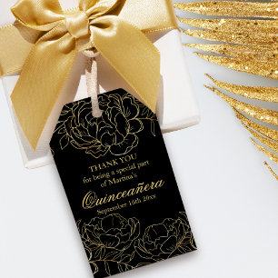 Etiqueta Para Presente Elegante Floral Sketch Quinceanera Preto e Dourado