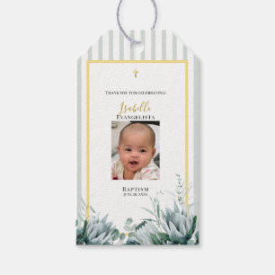 Etiqueta Para Presente Elegante Foto de Batismo em Verde Sage e Dourado