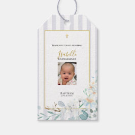 Etiqueta Para Presente Elegante Foto de Batismo Floral Azul Dourado
