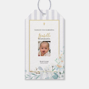 Etiqueta Para Presente Elegante Foto de Batismo Floral Azul Dourado