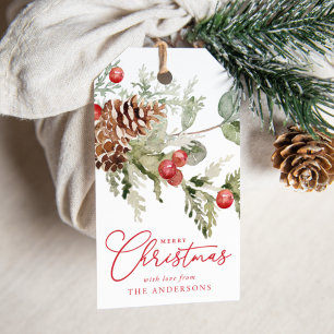 Etiqueta Para Presente Elegante Holly Berries e Pine Cones Feriado