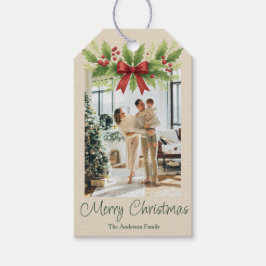 Etiqueta Para Presente Elegante Holly e Arco Vermelho Natal -