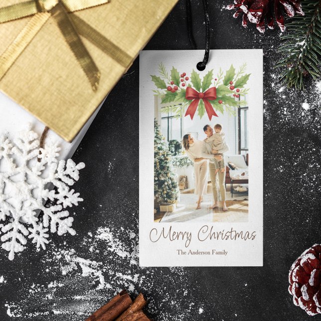 Etiqueta Para Presente Elegante Holly e Arco Vermelho Natal - (Criador carregado)