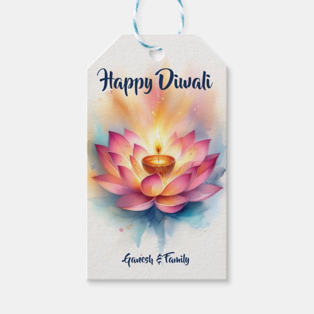 Etiqueta Para Presente Elegante Lotus e Diya Diwali (Frente)