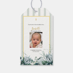 Etiqueta Para Presente Elegante Marca de Foto de Batismo em Verde Sage e 