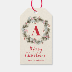 Etiqueta Para Presente Elegante Monograma de Grinalda de Natal em Aquarel