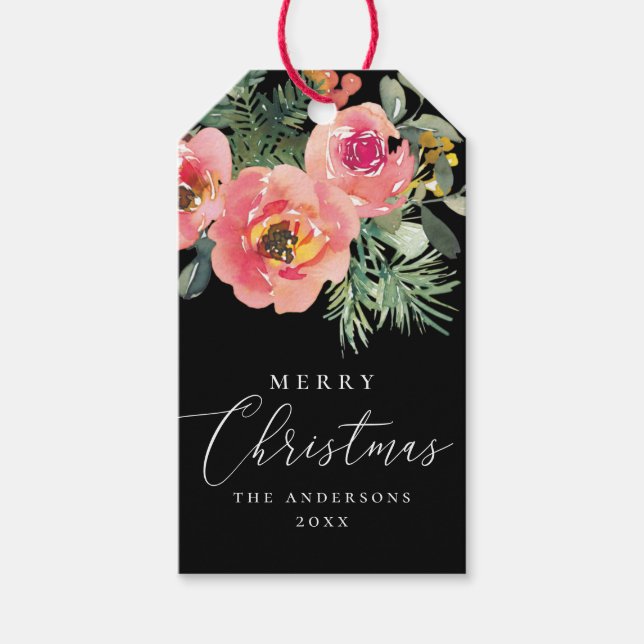Etiqueta Para Presente Elegante Natal Negro | Feriado Floral Moody (Frente)
