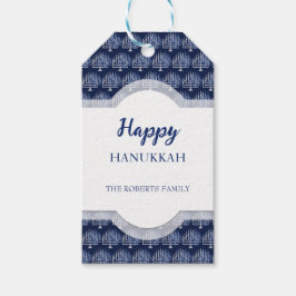Etiqueta Para Presente Elegante padrão de Menorá de Hanukkah Azul Feliz