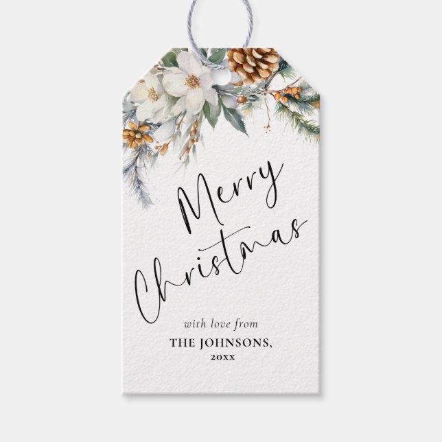 Etiqueta Para Presente Elegante Pine Tree Greenery | Dourado Natal (Frente)