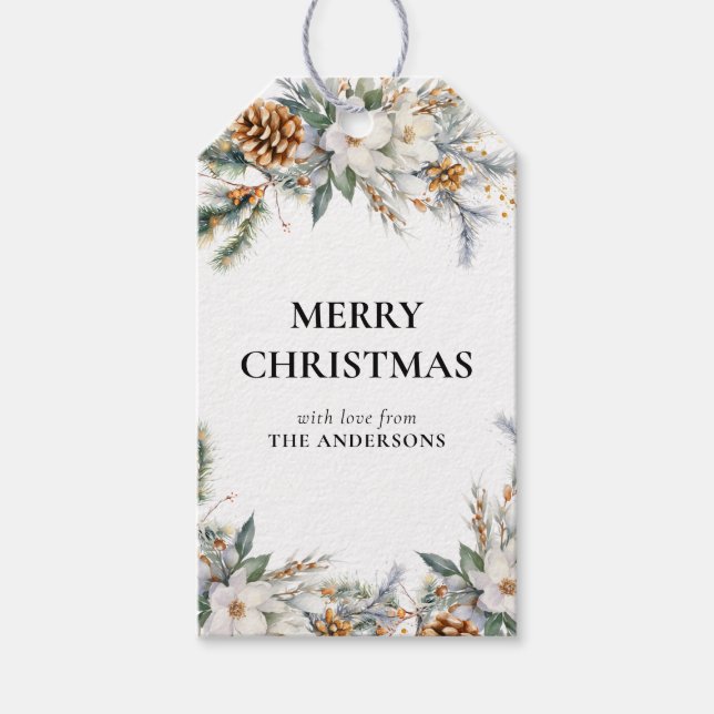 Etiqueta Para Presente Elegante Pine Tree Greenery | Natal Negro (Frente)