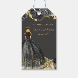 Etiqueta Para Presente Elegante Preto Dourado Floral Princesa Quinceanera