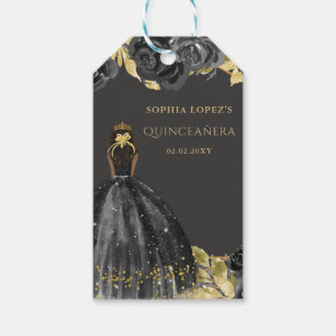 Etiqueta Para Presente Elegante Preto Dourado Floral Princesa Quinceanera