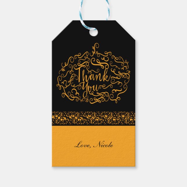 Etiqueta Para Presente Elegante Preto e Pumpkin Laranja Queda Obrigado (Frente)
