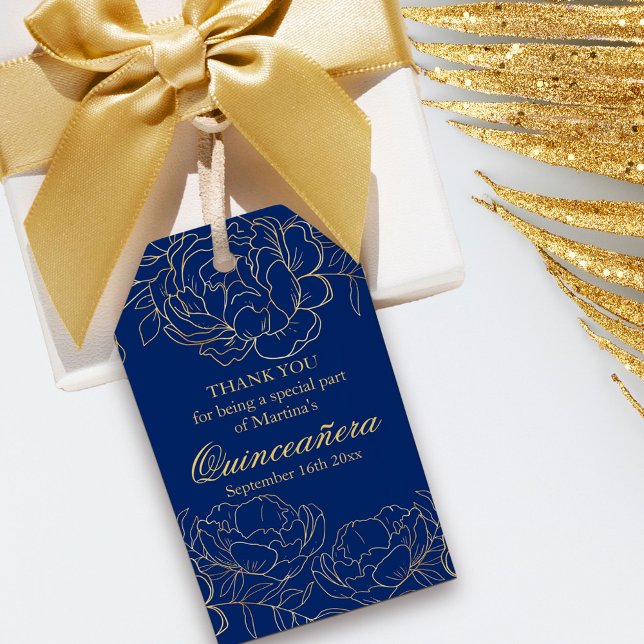 Etiqueta Para Presente Elegante Royal Blue Floral Sketch Quinceanera (Blue and Gold Quinceanera Gift Tag from my Gold Sketched Floral collection)