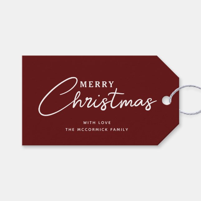 Etiqueta Para Presente Elegante Script Burgundy Feliz Natal (Frente (horizontal))