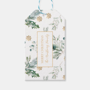 Etiqueta Para Presente Elegante Verde e Dourado Folhagem de Inverno Natal