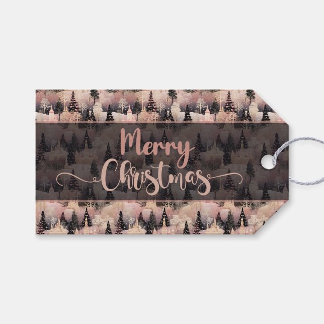 Etiqueta Para Presente Elegante Vila de Natal Rosa e Preta (Frente (horizontal))