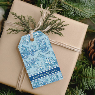 Etiqueta Para Presente Elegante vintage azul teal toile de jouy