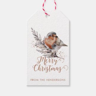 Etiqueta Para Presente Elegante Watercolor Robin Christmas Branch
