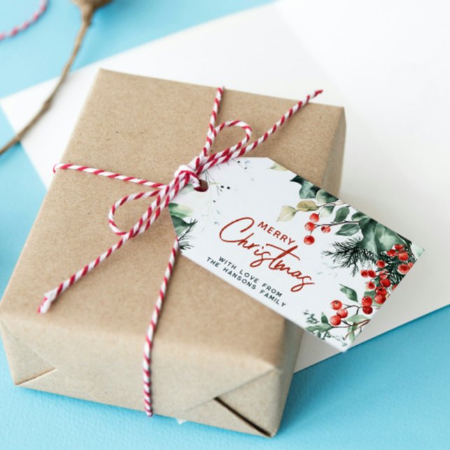 Etiqueta Para Presente Elegante Winter Greenery Feliz Natal (Criador carregado)